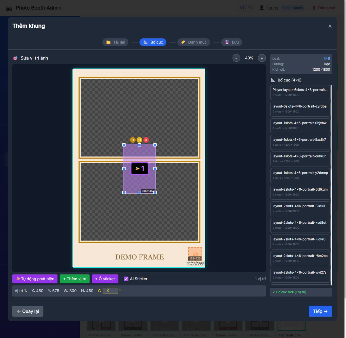 Wizard Thêm khung: ô sticker tím và checkbox AI Sticker